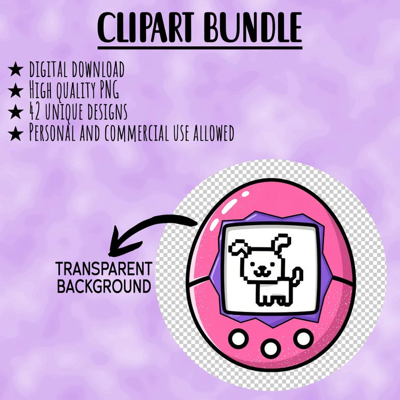 May include: A digital clipart bundle graphic with the text "CLIPART BUNDLE". The image features a pink and purple retro-style digital pet with a pixelated dog design. Additional text includes "DIGITAL DOWNLOAD", "HIGH QUALITY PNG", "42 UNIQUE DESIGNS", and "PERSONAL AND COMMERCIAL USE ALLOWED".