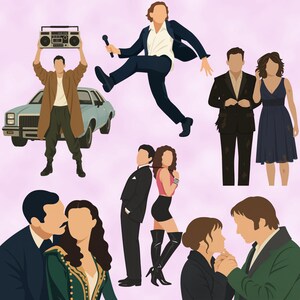 Op de afbeelding: Een digitale illustratie van een groep mensen in verschillende poses. Er zijn twee stellen, een man die een boombox vasthoudt en een man in pak die een microfoon vasthoudt. De achtergrond is lichtroze.