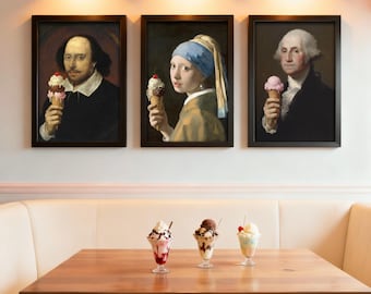 Beroemde schilderijen die ijs eten, bundel restaurantkunst aan de muur - Afdrukbaar decor - Klassieke portretten voor interieur - Keukenmuurkunst