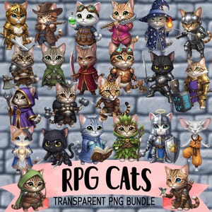 May include: A collection of cartoon cats dressed in various RPG character costumes, such as knights, wizards, and cowboys. The image includes the text "RPG Cats" and "Transparent PNG Bundle" on a pink banner.