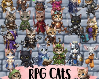 RPG Cats Bundle - TTRPG Classes PNG Clipart - Cat Heroes Stickers Designs - Digital Download