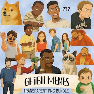 May include: A digital illustration of various characters from Studio Ghibli films, including Totoro, Kiki's Delivery Service, and Spirited Away, in a meme format. The characters are depicted in various poses and expressions, with text overlays referencing popular internet memes. The image is labeled "Ghibli Memes Transparent PNG Bundle".