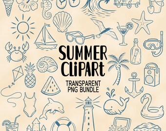 May include: A collection of blue line art summer-themed illustrations, including a sailboat, sunglasses, a wave, a beach scene, and the text "SUMMER CLIPART". The words "TRANSPARENT PNG BUNDLE" are also included.