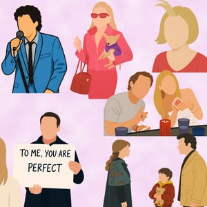 Op de afbeelding: Een digitale illustratie van negen personages uit populaire films. De personages zijn afgebeeld in een cartoon-stijl met eenvoudige kenmerken en felle kleuren. De illustratie bevat een man in een blauw pak die een microfoon vasthoudt, een vrouw in een roze jumpsuit die een kleine hond vasthoudt, een vrouw met blond haar die een rood shirt draagt, een man en een vrouw die aan een tafel zitten met een brandende kaars, een man die een bord vasthoudt waarop staat "Voor mij ben je perfect", een vrouw in een lange jas, een jonge jongen in een rood shirt die een teddybeer vasthoudt, en een man in een bruin jack.