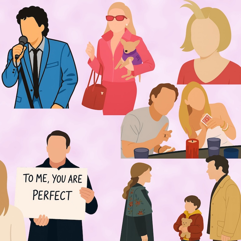 Op de afbeelding: Een digitale illustratie van negen personages uit populaire films. De personages zijn afgebeeld in een cartoon-stijl met eenvoudige kenmerken en felle kleuren. De illustratie bevat een man in een blauw pak die een microfoon vasthoudt, een vrouw in een roze jumpsuit die een kleine hond vasthoudt, een vrouw met blond haar die een rood shirt draagt, een man en een vrouw die aan een tafel zitten met een brandende kaars, een man die een bord vasthoudt waarop staat "Voor mij ben je perfect", een vrouw in een lange jas, een jonge jongen in een rood shirt die een teddybeer vasthoudt, en een man in een bruin jack.