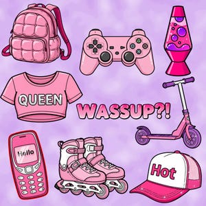 May include: A collection of pink items on a purple background, including a backpack, game controller, lava lamp, crop top with "QUEEN" text, scooter, cell phone with "Hello" text, roller skates, and a hat with "Hot" text.