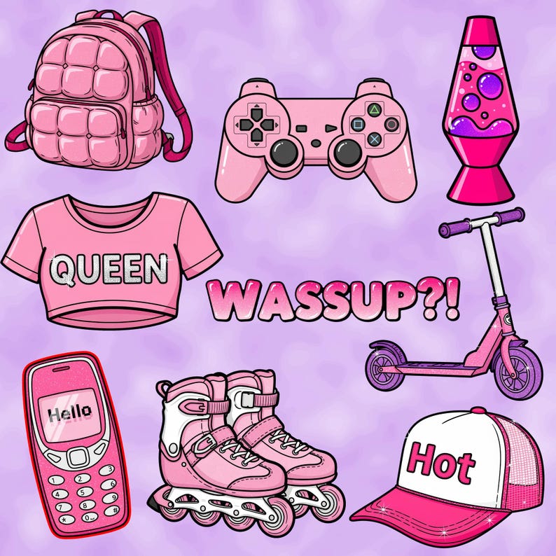 May include: A collection of pink items on a purple background, including a backpack, game controller, lava lamp, crop top with "QUEEN" text, scooter, cell phone with "Hello" text, roller skates, and a hat with "Hot" text.
