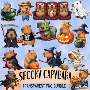 Pode incluir: Uma coleção de ilustrações caprichosas com capivaras em vários trajes e cenários de Halloween. As imagens incluem capivaras vestidas de vampiro, múmia e bruxa, com o texto "Spooky Capybara" e "Transparent PNG Bundle".