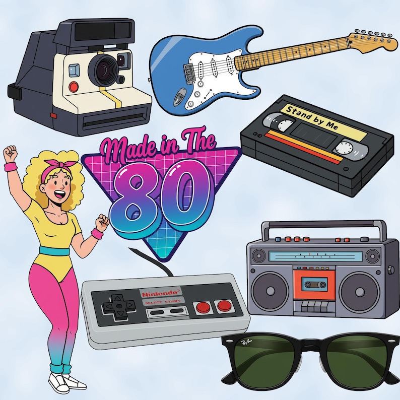 Może przedstawiać: Ilustracja w stylu retro przedstawiająca r&oacute;żne ikony z lat 80., w tym kasetę z napisem "Stand by Me", niebieską gitarę elektryczną, aparat Polaroid, magnetofon, kontroler Nintendo, okulary przeciwsłoneczne Ray-Ban i kobietę w r&oacute;żowo-ż&oacute;łtym body. Ilustracja jest umieszczona na r&oacute;żowo-niebieskim tle z tr&oacute;jkątem, na kt&oacute;rym widnieje napis "Made in the 80s".