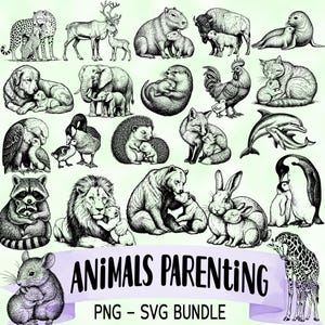 May include: A collection of black and white illustrations featuring various animals with their offspring, such as a cheetah, deer, and capybara. The text "ANIMALS PARENTING" is displayed below the illustrations, along with "PNG - SVG BUNDLE".