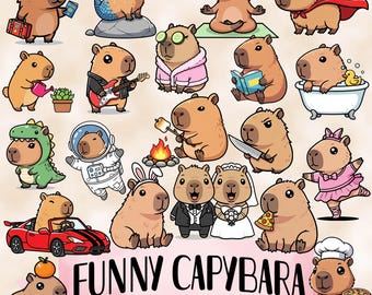 Fun Capybara bundle - Funny and cute Sublimation PNG designs - Cartoon clip art - Capybara sticker pack - Kawaii capybara printables