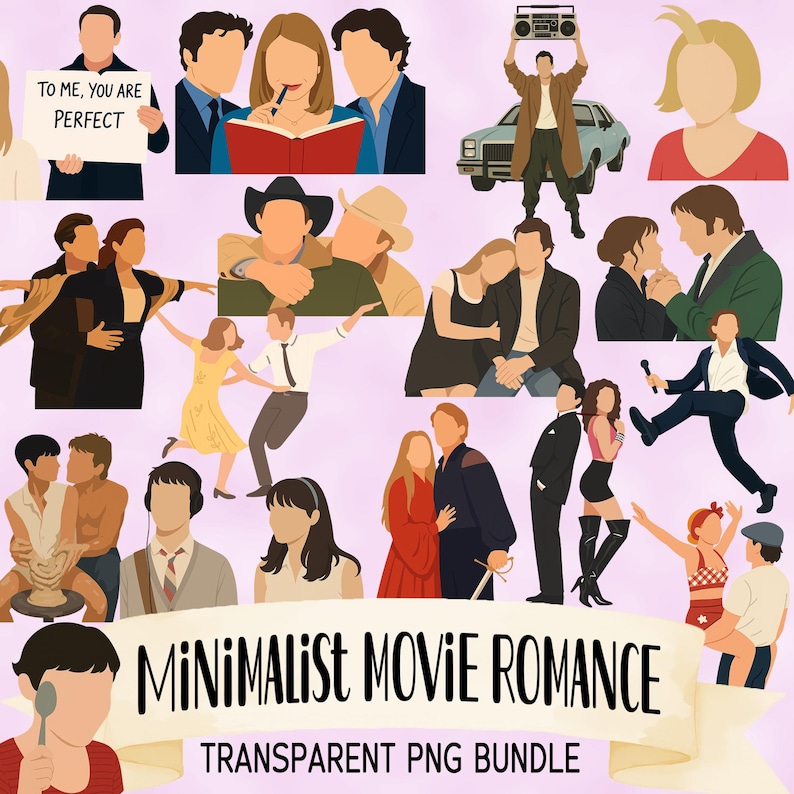 Clipart romantische filmscènes - minimalistische romcom-personages sublimatie png-ontwerpen - anonieme clipart - bundel beroemde filmparen afbeelding 1
