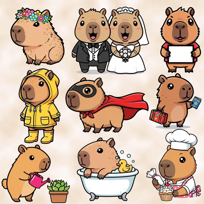 Fun Capybara bundle - Funny and cute Sublimation PNG designs - Cartoon clip art - Capybara sticker pack - Kawaii capybara printables image 5