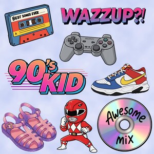 K&ouml;nnte beinhalten: Eine Sammlung von Stickern im Stil der 90er Jahre mit einer Kassette, einem Videospiel-Controller, einem Paar Turnschuhen, einem Paar Gummib&auml;rchensandalen, einem Power Ranger und einer CD. Die Sticker haben einen Retro-Cartoon-Stil und zeigen leuchtende Farben und fetten Text. Der Text auf den Stickern lautet "Best Songs Ever", "Wazzup?", "90's Kid" und "Awesome Mix".