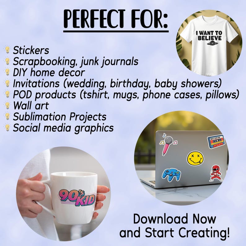 K&ouml;nnte beinhalten: Eine Sammlung digitaler Sticker mit einem Mikrofon, einem Kassettenband, einem Smiley, einem Videospiel-Controller und einer Comicfigur. Die Sticker befinden sich auf einem Laptop, einem wei&szlig;en T-Shirt und einer wei&szlig;en Tasse. Der Text auf dem T-Shirt lautet "I want to believe". Der Text auf der Tasse lautet "90's Kid". Der Text auf dem Bild lautet "Perfekt f&uuml;r: Sticker, Scrapbooking, Junk Journals, DIY-Heimdekoration, Einladungen (Hochzeit, Geburtstag, Babyparty), POD-Produkte (T-Shirt, Tassen, Handyh&uuml;llen, Kissen), Wandkunst, Sublimations-Projekte, Social-Media-Grafiken, Jetzt herunterladen und mit dem Erstellen beginnen!"