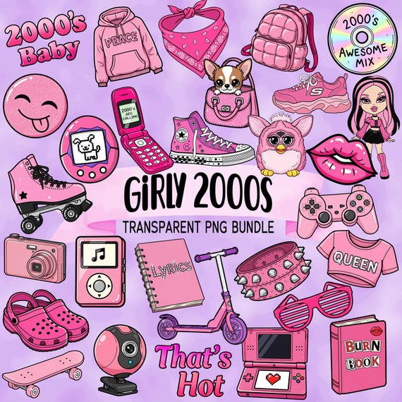 Girly 2000s Pink Aesthetic Bundle, 2000s Clipart, Retro Sublimation Designs, Y2K Fashion PNG Pack, Millennial Nostalgia, Printable Stickers