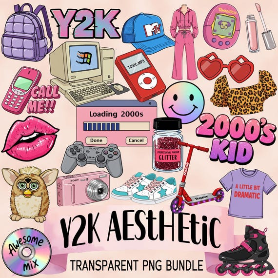 Y2K Aesthetic PNG Bundle, 2000s Clipart, Retro Sublimation Designs, Y2K Fashion Elements, Millennial Nostalgia, Printable Stickers