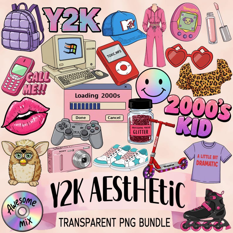 K&ouml;nnte beinhalten: Eine digitale Collage von Y2K-&Auml;sthetik-Grafiken, darunter ein lila Rucksack, ein Computermonitor, ein rosa Tamagotchi, ein rosa-blauer Roller, ein rosa-blauer Rollschuh, eine rosa-blaue Kamera, ein rosa-blaues Shirt, ein rosa-blauer Hut, ein rosa-blaues Herz, ein rosa-blaues Smiley, eine rosa-blaue Ladeanzeige, ein rosa-blaues Glitzerglas, ein rosa-blaues Telefon, eine rosa-blaue Lippe, ein rosa-blaues Furby, eine rosa-blaue CD, ein rosa-blaues Shirt mit dem Text "A Little Bit Dramatic" und der Text "Y2K Aesthetic Transparent PNG Bundle".