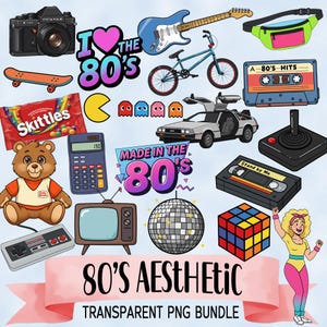 Paquete de imágenes PNG con estética de los 80, diseños de sublimación retro, elementos de moda vintage, nostalgia de la generación X, pegatinas imprimibles, decoración para fiestas de los 80