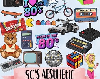 80s Aesthetic Clipart PNG Bundle, Retro Sublimation Designs, Vintage Fashion Elements, Gen X Nostalgia, Printable Stickers, 1980 Party decor