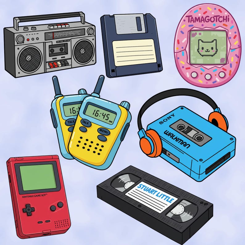 K&ouml;nnte beinhalten: Eine Sammlung von Vintage-Elektronik aus den 90er Jahren, darunter ein Boombox, ein Walkman, ein Gameboy, ein Tamagotchi, eine Diskette und zwei Walkie-Talkies.