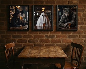 Halloween Bar Wall Art Bundle - Monsters Drinking - Spooky Pub Decor - Digital Download