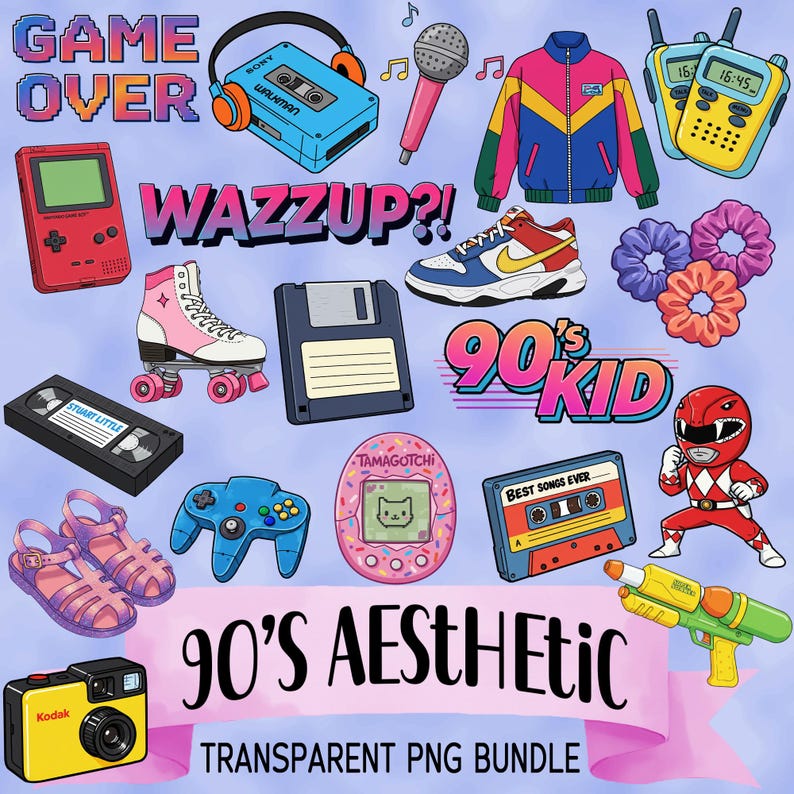 K&ouml;nnte beinhalten: Ein Set mit 90er-Jahre-Motiven in digitaler Clipart-Form. Die Bilder beinhalten einen Game-Over-Bildschirm, ein Kassettenband, einen Walkman, einen Gamecontroller, ein Tamagotchi, eine Wasserpistole, ein Paar Rollschuhe, ein Paar Sandalen, einen Game Boy, eine Diskette, einen Power Ranger, ein Walkie-Talkie, ein Paar Scrunchies, eine Jacke, ein Mikrofon und ein Paar Turnschuhe.