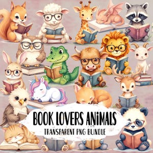 Cute Animals reading bundle - Book lovers Sublimation PNG designs - Kawaii wildlife clip art - Readers decor and gift ideas