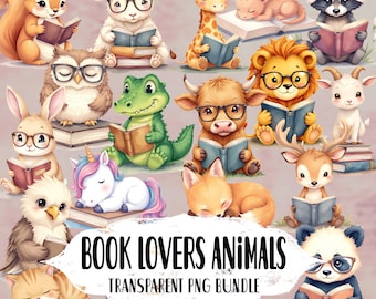 Cute Animals reading bundle - Book lovers Sublimation PNG designs - Kawaii wildlife clip art - Readers decor and gift ideas
