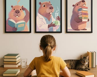 Capybara-posterset terug naar school: muurkunst in klas en kinderkamer (digitale download)