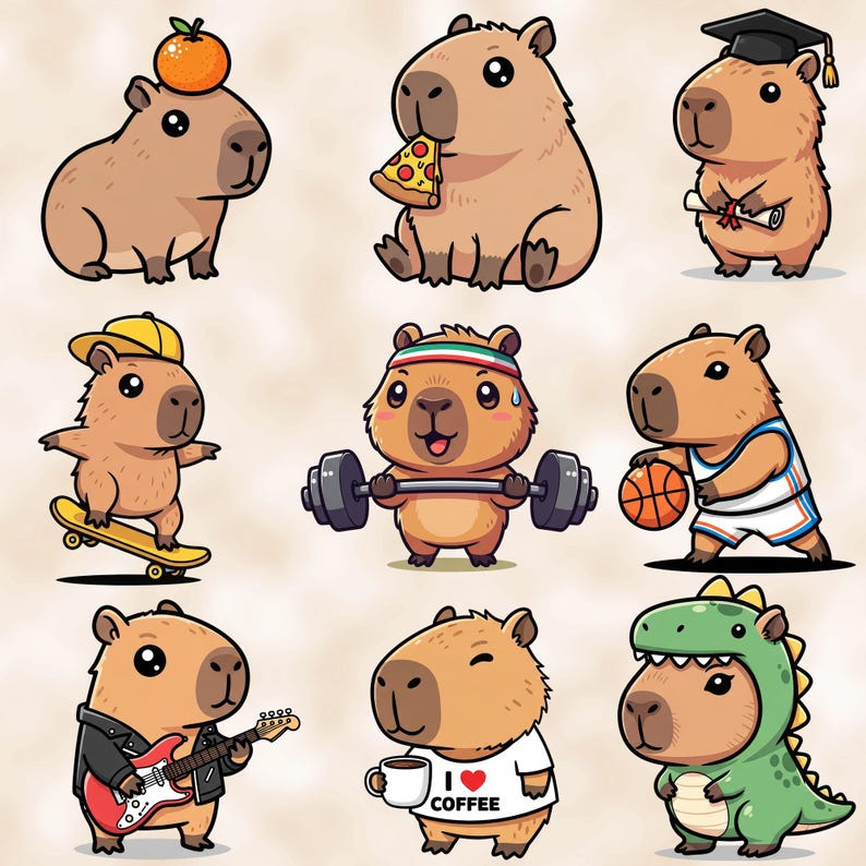 Fun Capybara bundle - Funny and cute Sublimation PNG designs - Cartoon clip art - Capybara sticker pack - Kawaii capybara printables image 6
