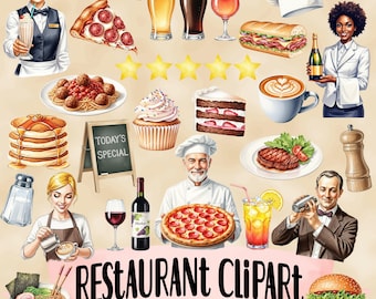 Restaurant clipartbundel - Bar en pub Sublimatie PNG-ontwerpen - Eten en drinken clipart - Restaurantmenu-ideeën en uitnodigingsideeën