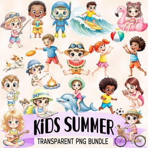 Kids Beach activities PNG Bundle, watercolor Clipart, Summer beach Designs, Children Printable Stickers, kids enjoying the beach clipart