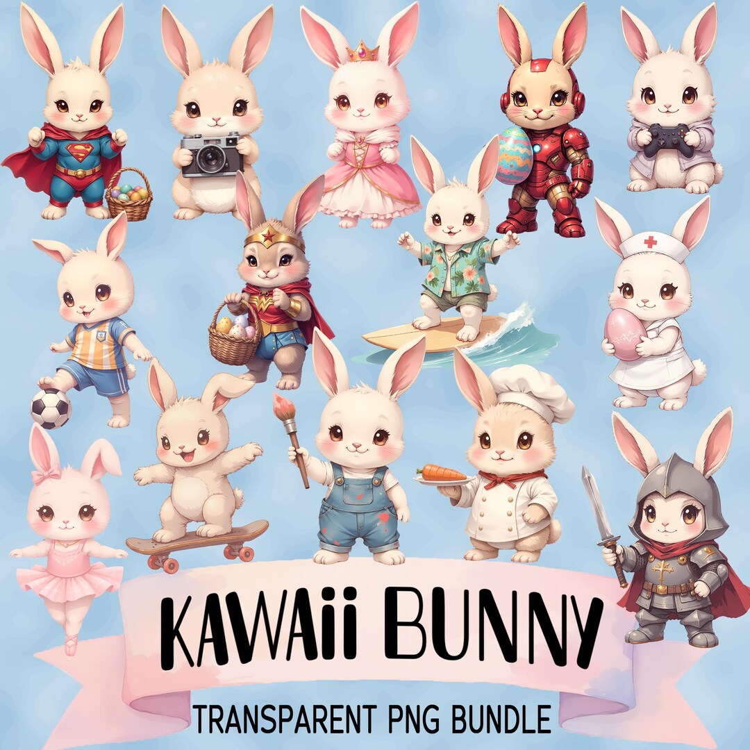 Cute Bunny Clipart Bundle - Kawaii Rabbit Sublimation PNG Designs ...