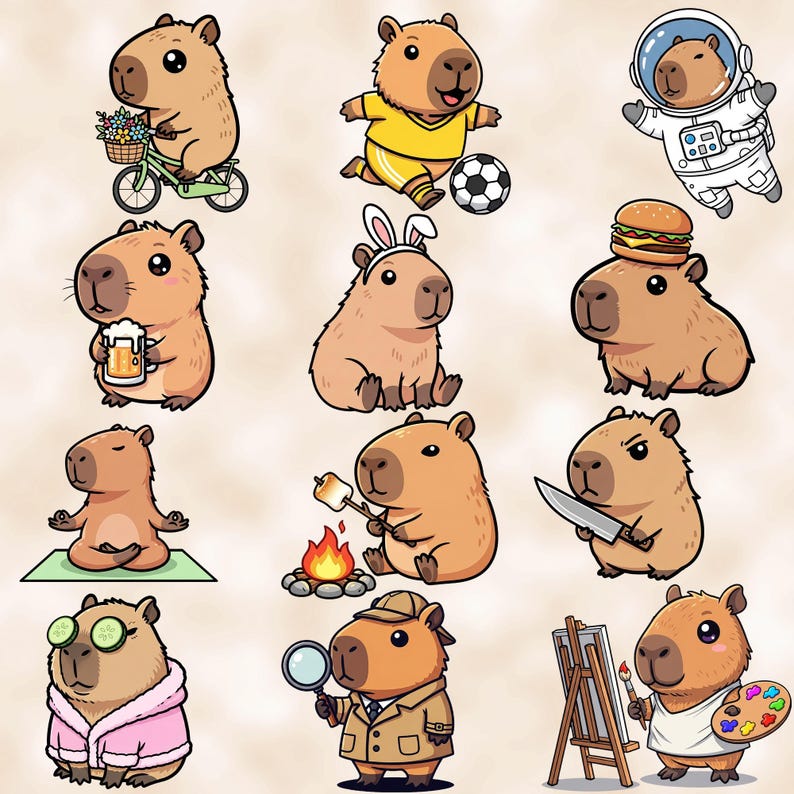 Fun Capybara bundle - Funny and cute Sublimation PNG designs - Cartoon clip art - Capybara sticker pack - Kawaii capybara printables image 4