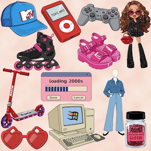 K&ouml;nnte beinhalten: Eine Sammlung von Artikeln zum Thema 2000er Jahre, darunter ein roter MP3-Player mit dem Text "TOXIC.MP3", eine blaue und wei&szlig;e MTV-Baseballkappe, ein Paar rosa und schwarze Rollschuhe, ein roter Razor-Tretroller mit lila Lichtern, ein Paar rosa und wei&szlig;e Gummib&auml;rchensandalen, ein blaues Jeanshemd und Jeans, ein Computermonitor mit dem Windows 98-Logo, ein rotes Glitzerglas mit der Aufschrift "PROFESSIONAL MAKEUP GLITTER", eine rosa und wei&szlig;e Ladeanzeige mit dem Text "Loading 2000s", eine rote Herzform-Sonnenbrille und ein schwarzer und grauer Sony Playstation-Controller.