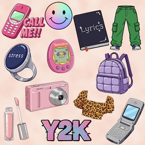 K&ouml;nnte beinhalten: Eine Sammlung von Stickern aus der Y2K-&Auml;ra mit einem rosa Klapphandy, einem lila Rucksack, einem Tamagotchi, einer Kamera, einem Ring mit dem Wort "Stress" darauf, einem Notizbuch mit dem Wort "Lyrics" darauf, einem Smiley, einer gr&uuml;nen Cargohose, einem Leopardenmuster-Oberteil und einem silbernen Klapphandy.