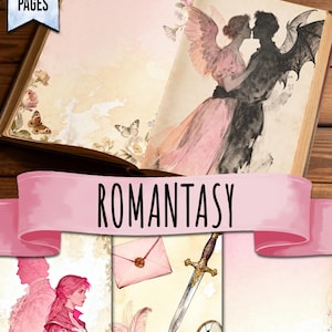 Könnte beinhalten: Ein Junk-Journal mit dem Text "Junk Journal Pages". Die offenen Seiten zeigen eine Aquarellillustration eines Paares mit Flügeln und Schmetterlingen. Das Wort "Romantasy" wird auf einem rosa Banner angezeigt. Zusätzliche Bilder sind ein rosa Umschlag, ein Schwert und eine Maske.
