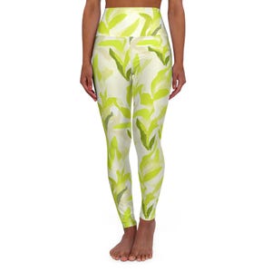 Bright Yellow Leaf Pattern Yoga Leggings High Waist Leggings for Women Modern Gym Wear Workout Tights