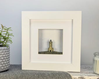 Miniature Darwen Tower Diorama in a Small White Square Frame