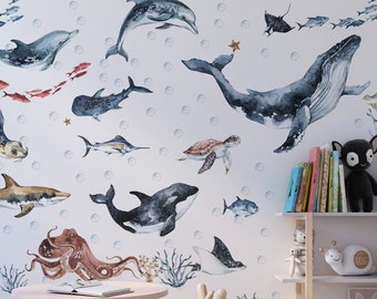 Ocean Animals Wall Decal, nursery ocean decor, sea animals wall sticker, Sticker Set Dolphin, seal, sea Turtle,