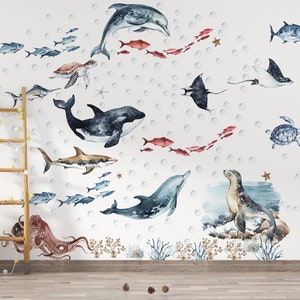 Ocean Animals Wall Decal Nursery, ocean wall decal, sea animals wall sticker, Dolphin wall decal, sea wall decals