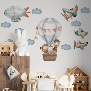 safari nursery decor, neutral gender wall decals, animals in hot air ballons wall decals, nursery wall decals