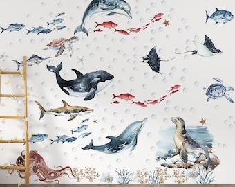 Ocean Animals Wall Decal Nursery, ocean wall decal, sea animals wall sticker, Dolphin wall decal, sea wall decals