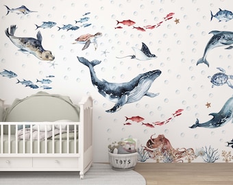 Ocean Animals Wall Decal Nursery, ocean wall decal, sea animals wall sticker, Dolphin wall decal, sea wall decals