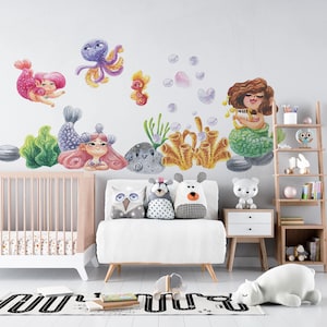 Mermaid Wall Decals | Underwater Wall Stickers | Ocean Theme Decor | Kids Room Mermaids | Sea Creatures Decals