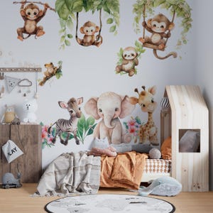 Safari Nursery Wall Decals for Kids Room, Elephant and Giraffe Jungle Theme, Newborn Gift