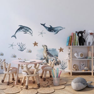seal wall decals, dolphins wall decals, ocean animals decals peel and stick,