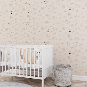 safari wallpaper peel and stick, jungle room decor for boys, gender neutral wallpaper, zoo animals wall decals