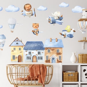 nursery bear wall decals, hot air ballon wall decals, plane wall decals,